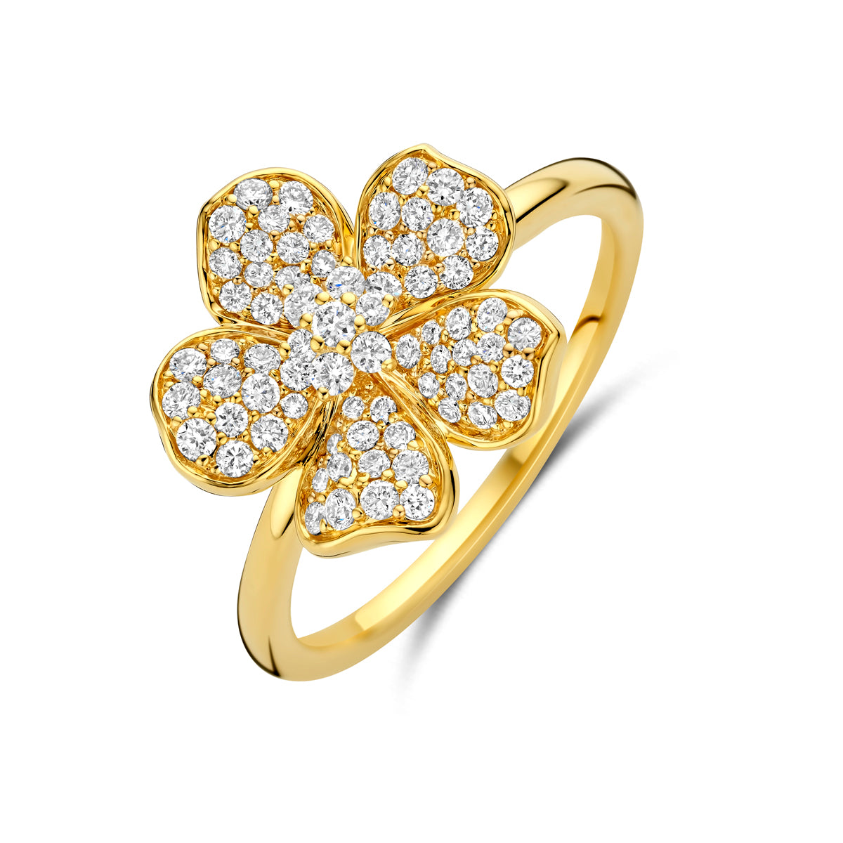 Schuin bovenaanzicht van de gouden bloem ring met diamant van 14 karaat.