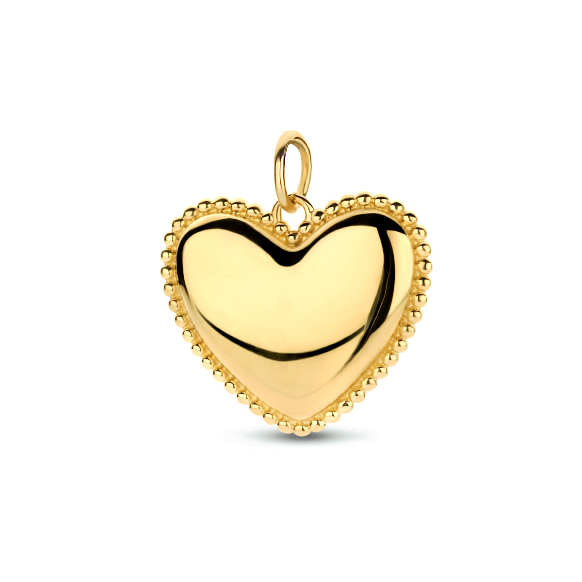 Vooraanzicht van de gouden bolle hart hanger van 14 karaat.