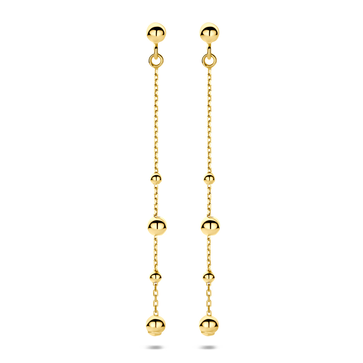 Vooraanzicht van de gouden bolletjes oorhangers van 14 karaat.