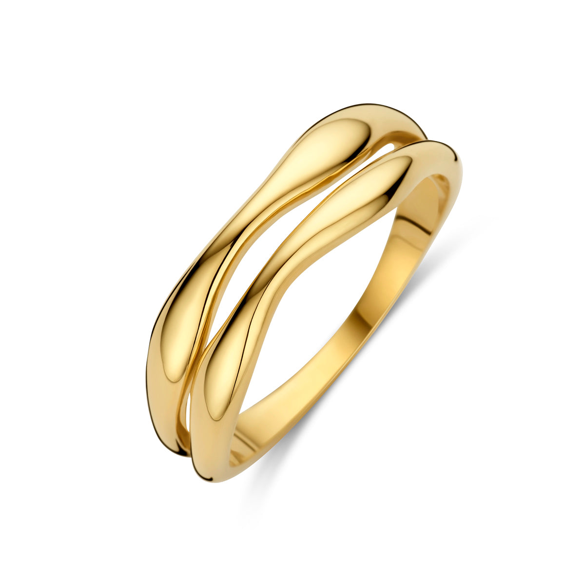 Schuin bovenaanzicht van de gouden brede golvende ring van 14 karaat.