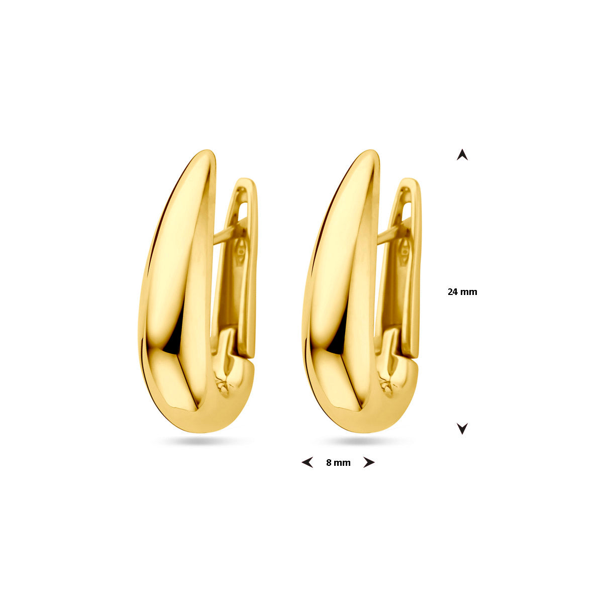 Afmetingen van de gouden brede klapoorringen van 14 karaat: 24 mm hoog en 8 mm breed.