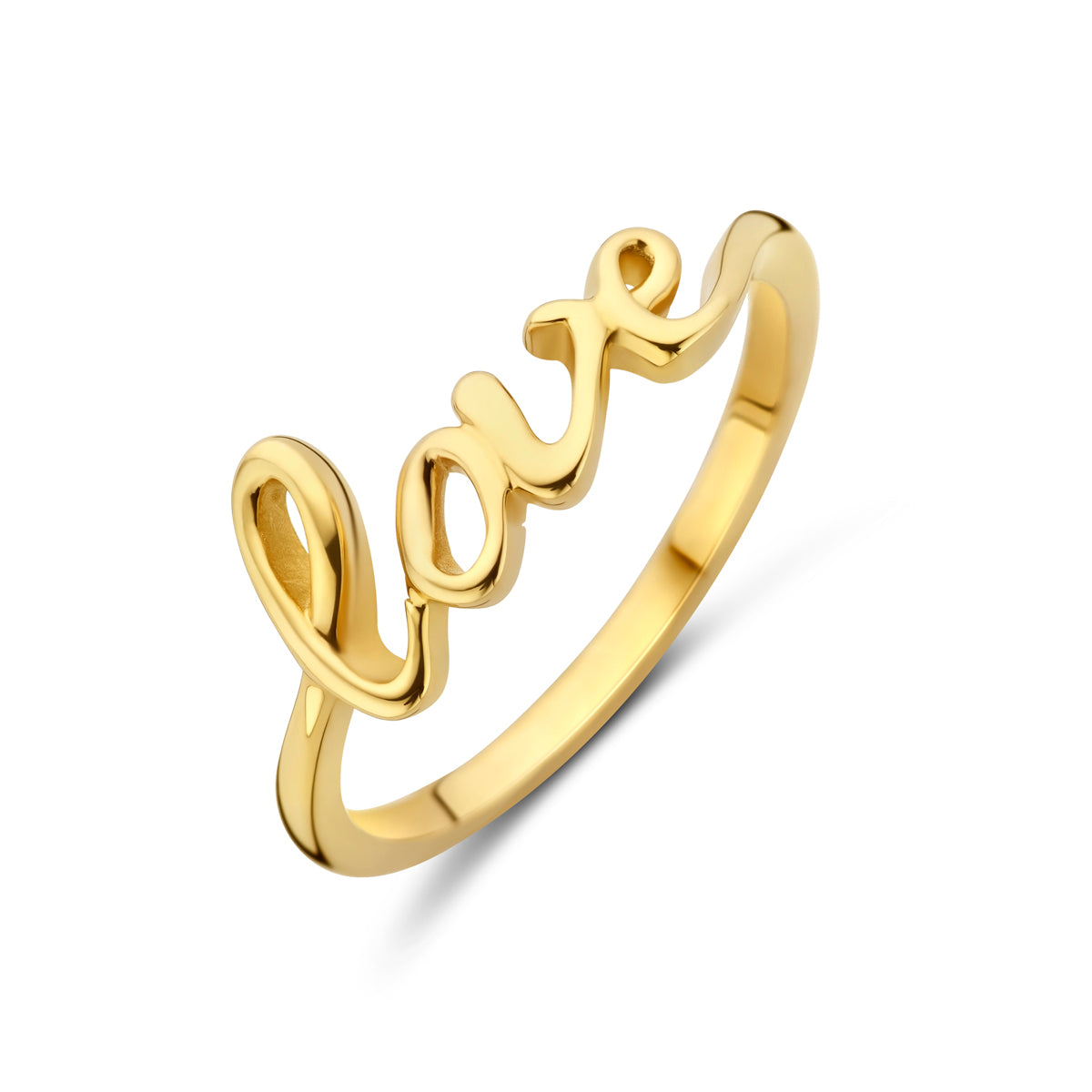 Schuin bovenaanzicht van de gouden love ring van 14 karaat.