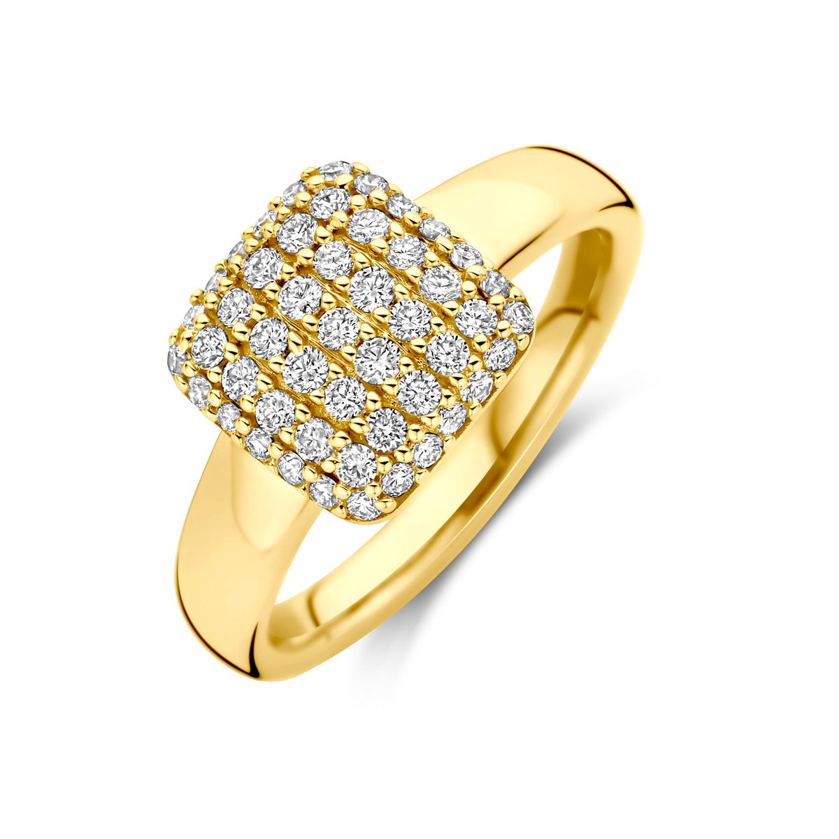Schuin bovenaanzicht van de gouden brede ring met lab grown diamant van 14 karaat.