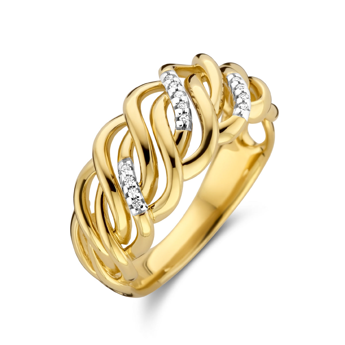 Schuin bovenaanzicht van de gouden brede ring met diamant van 14 karaat.