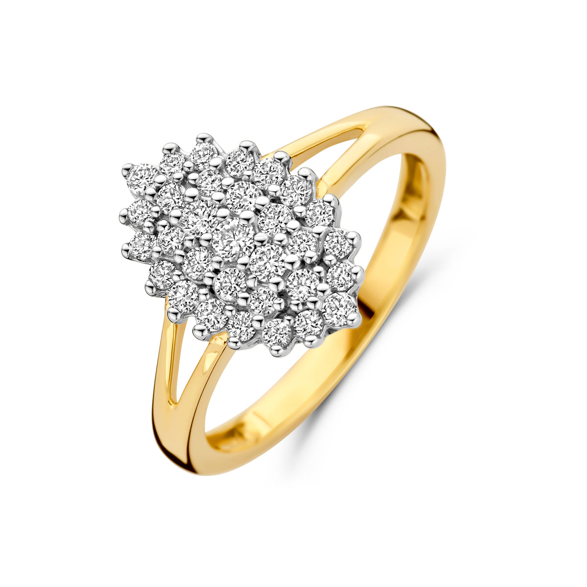 Schuin bovenaanzicht van de gouden ring met lab grown diamant van 14 karaat.