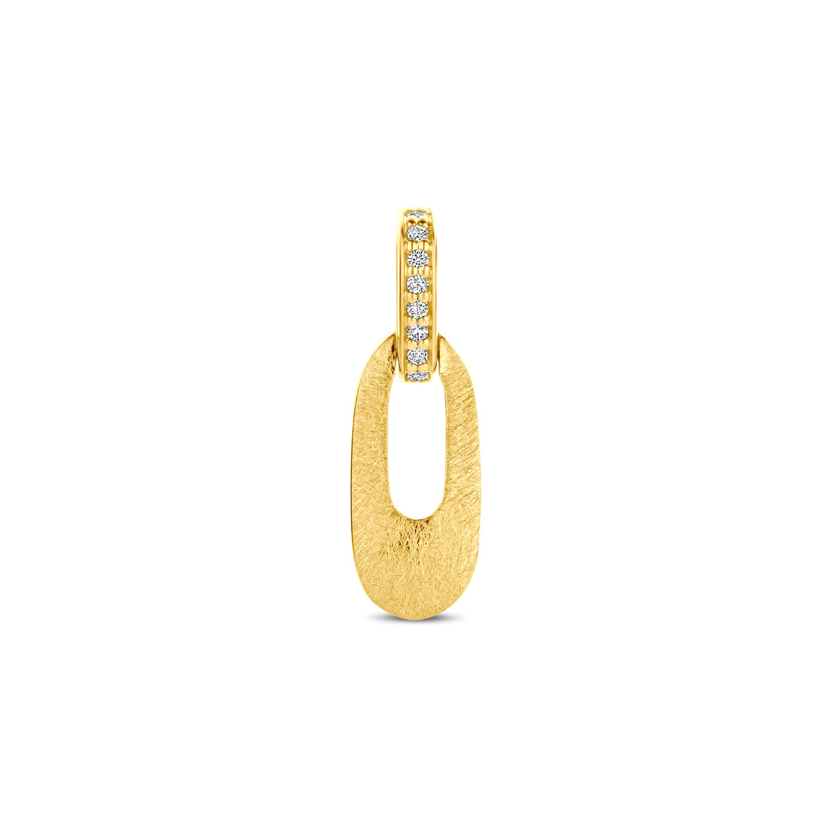 Vooraanzicht van de gouden hanger met diamant van 14 karaat.