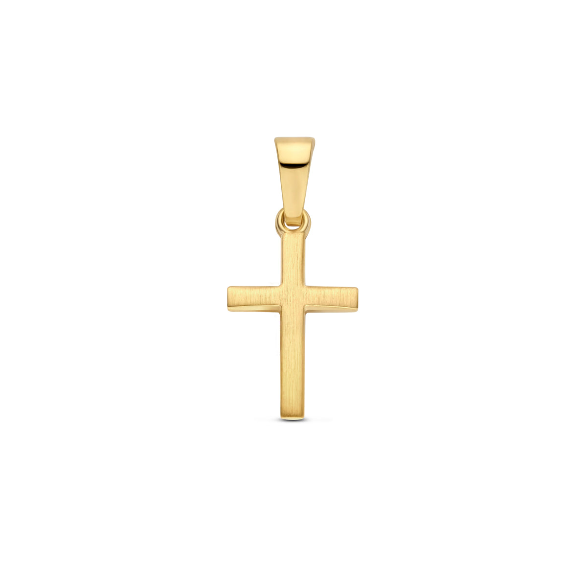 Vooraanzicht van de gouden kruis hanger van 14 karaat.