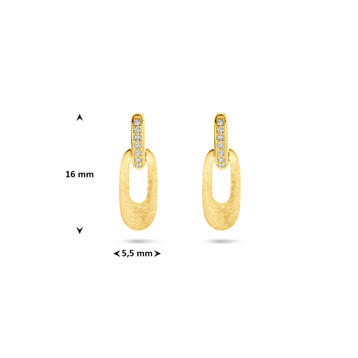 Afmetingen van de gouden oorhangers met diamant van 14 karaat: 16 mm hoog en 5,5 mm breed.