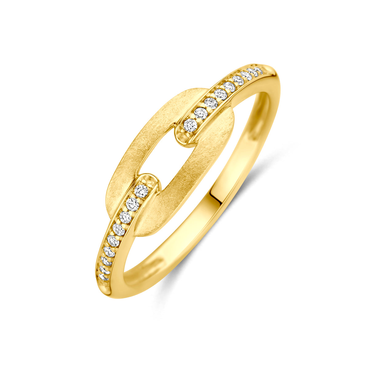 Schuin bovenaanzicht van de gouden ring met diamant van 14 karaat.