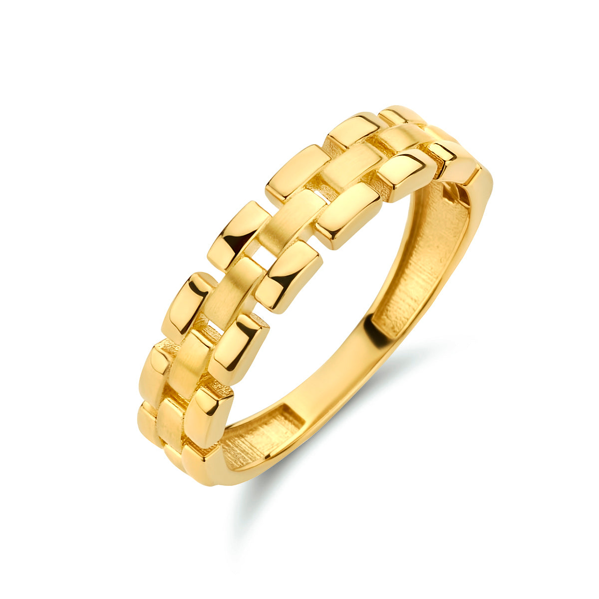 Schuin bovenaanzicht van de gouden deels matte schakelring van 14 karaat.