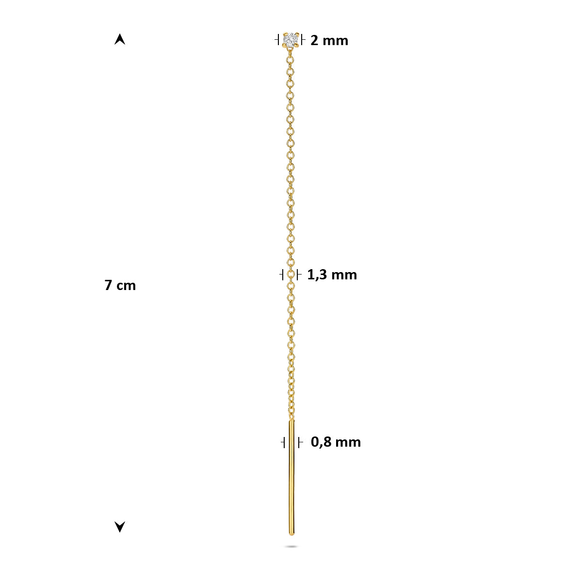 Afmetingen van de gouden doortrekoorbel met diamant van 14 karaat: 7 cm lang, 0,03 ct.
