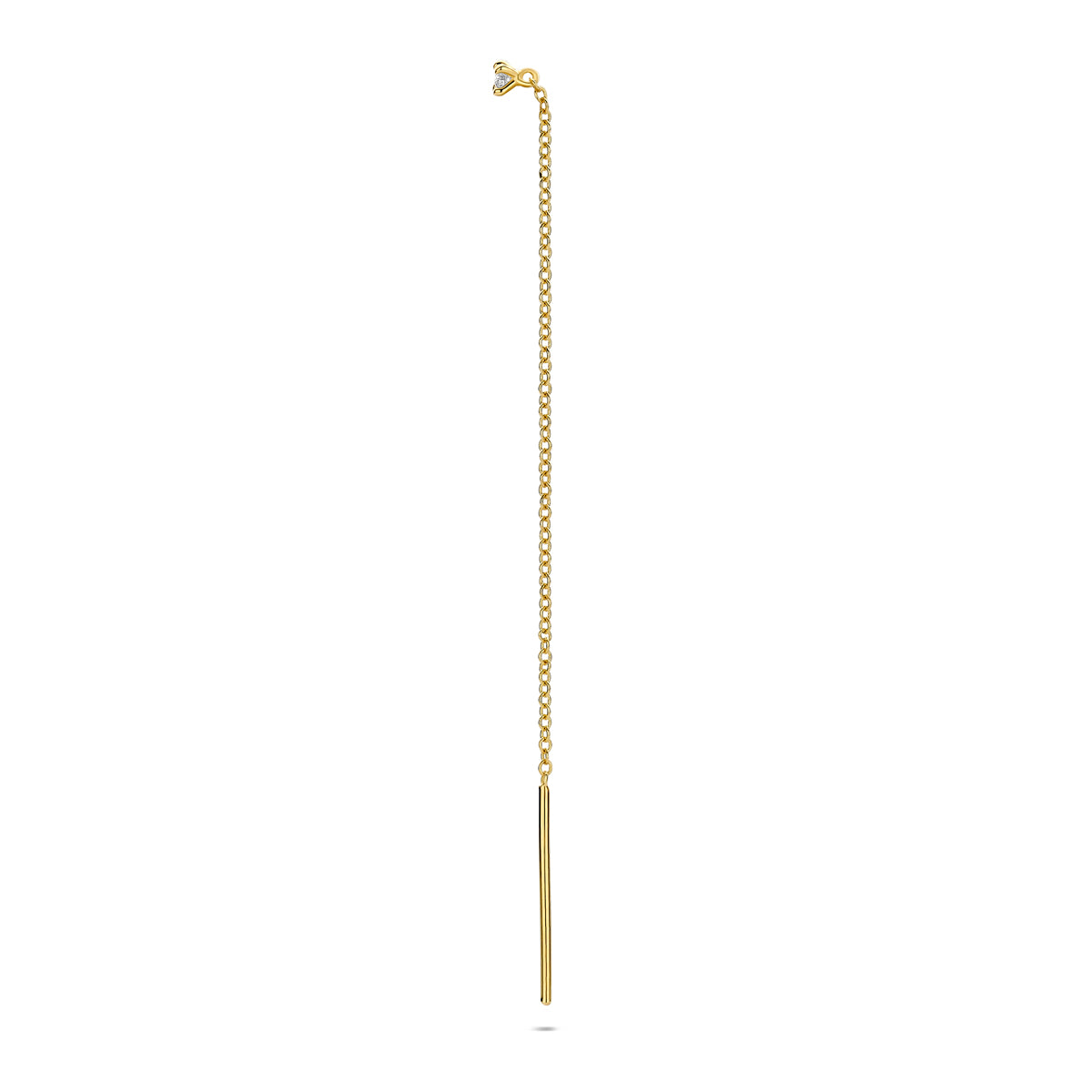 Voor- en zijaanzicht van de gouden doortrekoorbel met diamant van 14 karaat.
