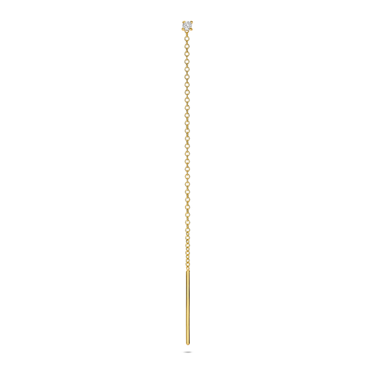 Vooraanzicht van de gouden doortrekoorbel met diamant van 14 karaat.