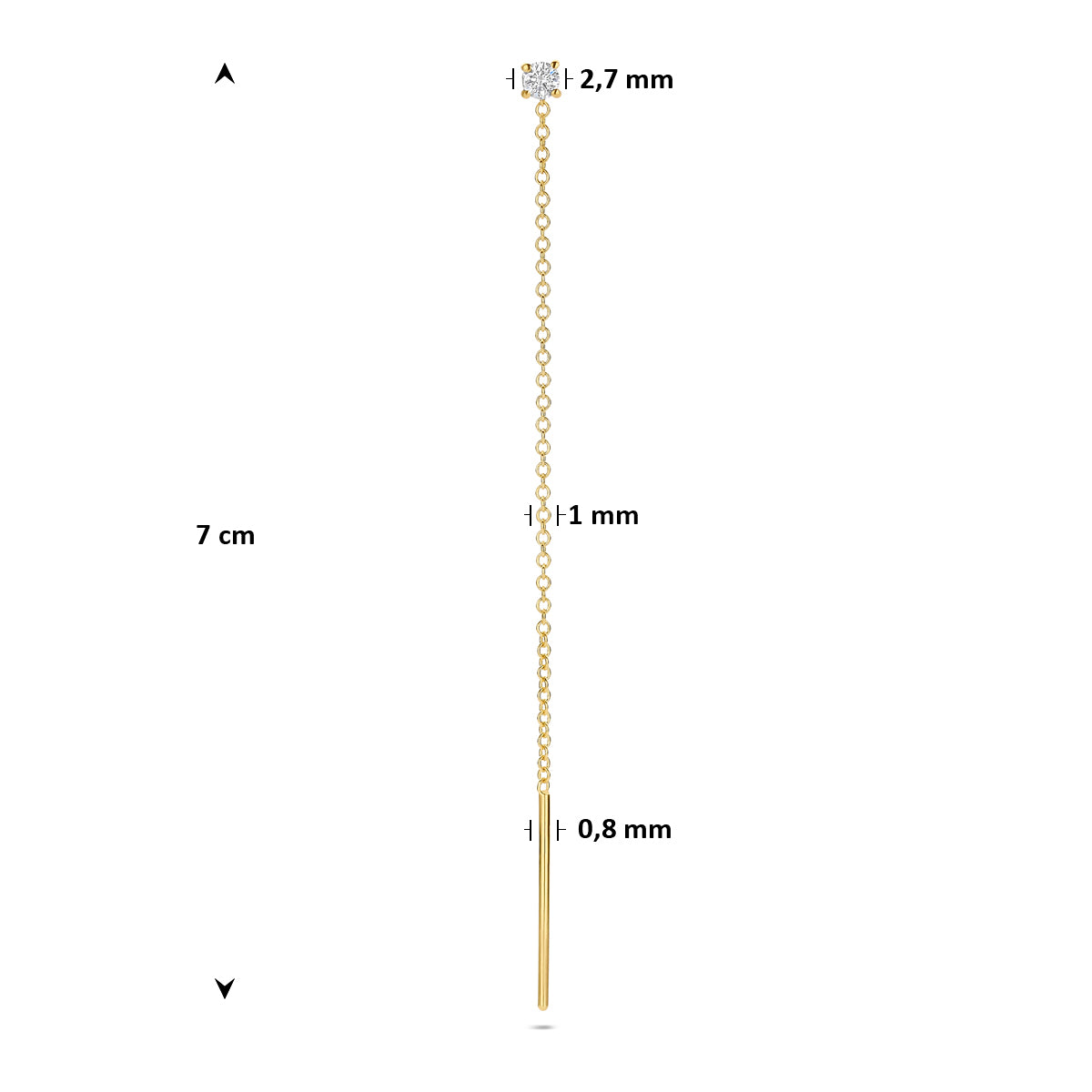 Afmetingen van de gouden doortrekoorbel met diamant van 14 karaat: 70 mm lang en 1 mm breed, steen 2,7 mm.
