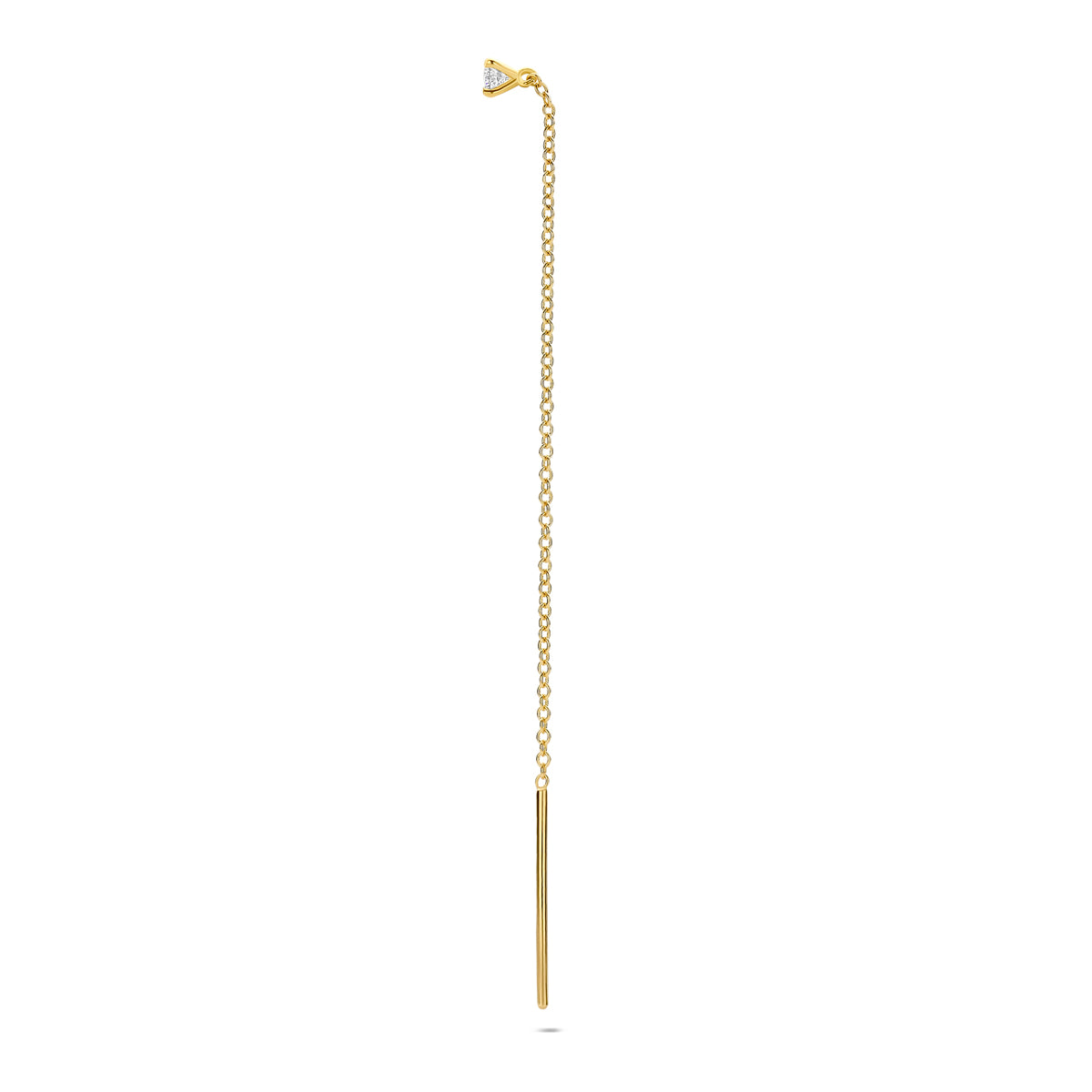 Voor- en zijaanzicht van de gouden doortrekoorbel met diamant van 14 karaat.