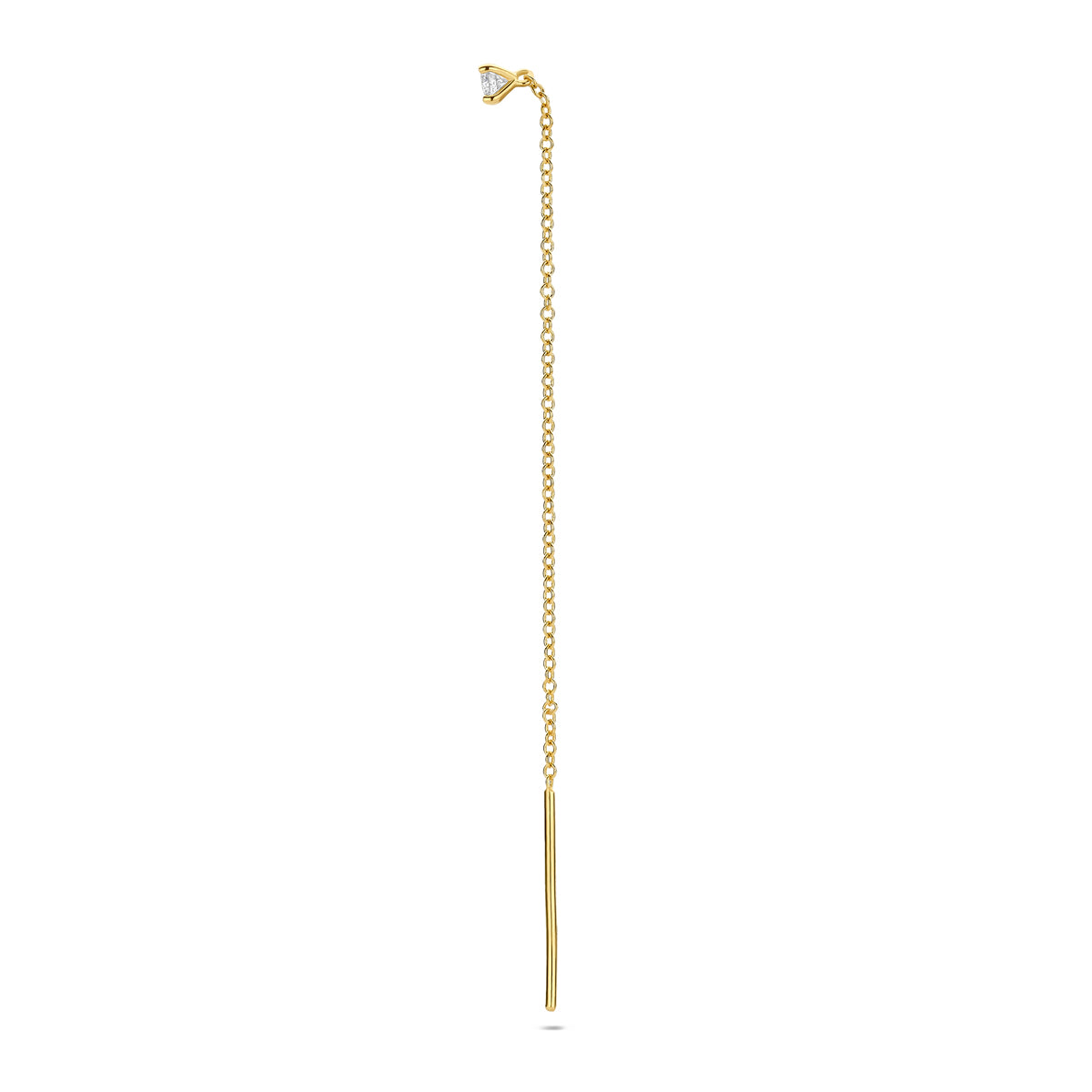 Voor- en zijaanzicht van de gouden doortrekoorbel met diamant van 14 karaat.