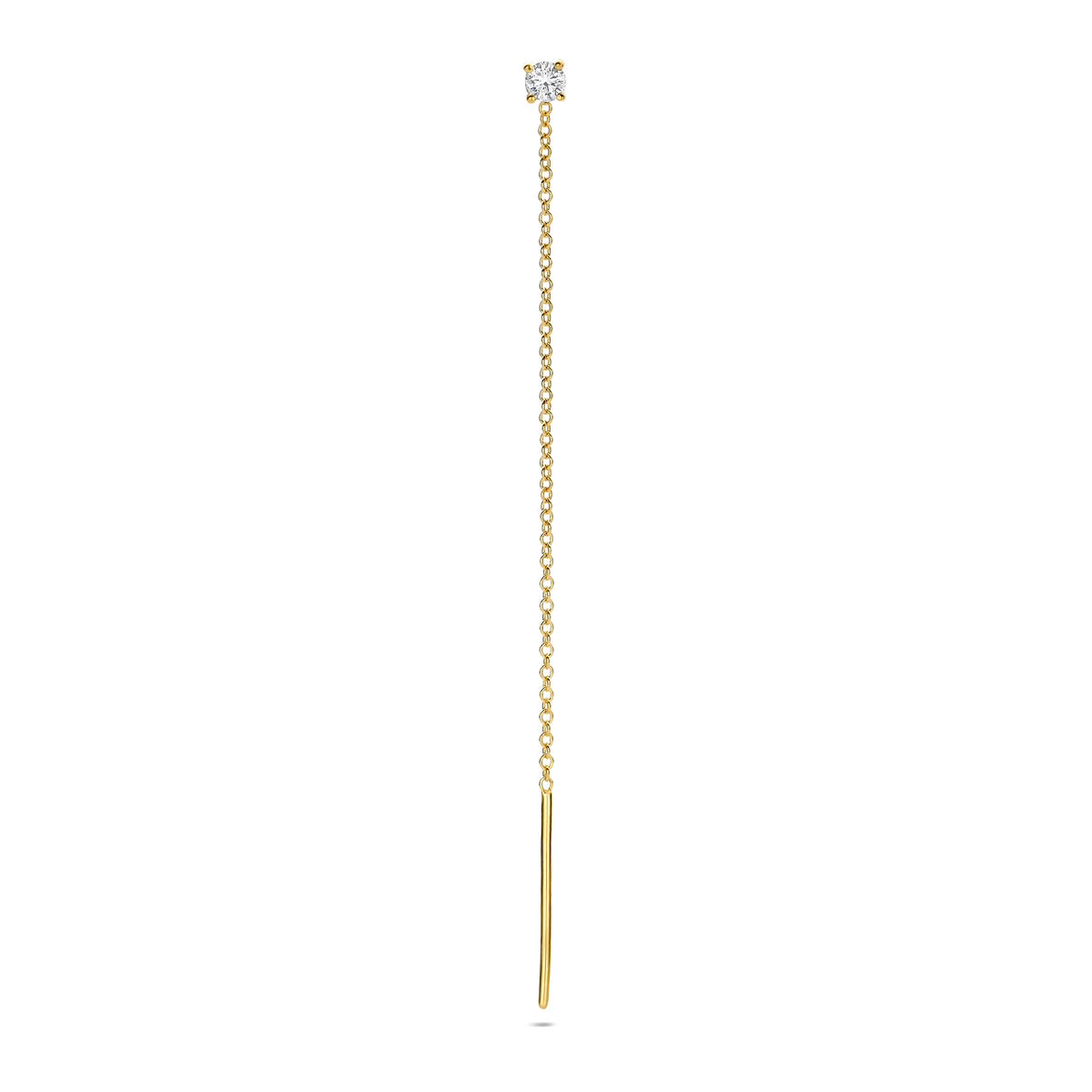 Vooraanzicht van de gouden doortrekoorbel met diamant van 14 karaat.