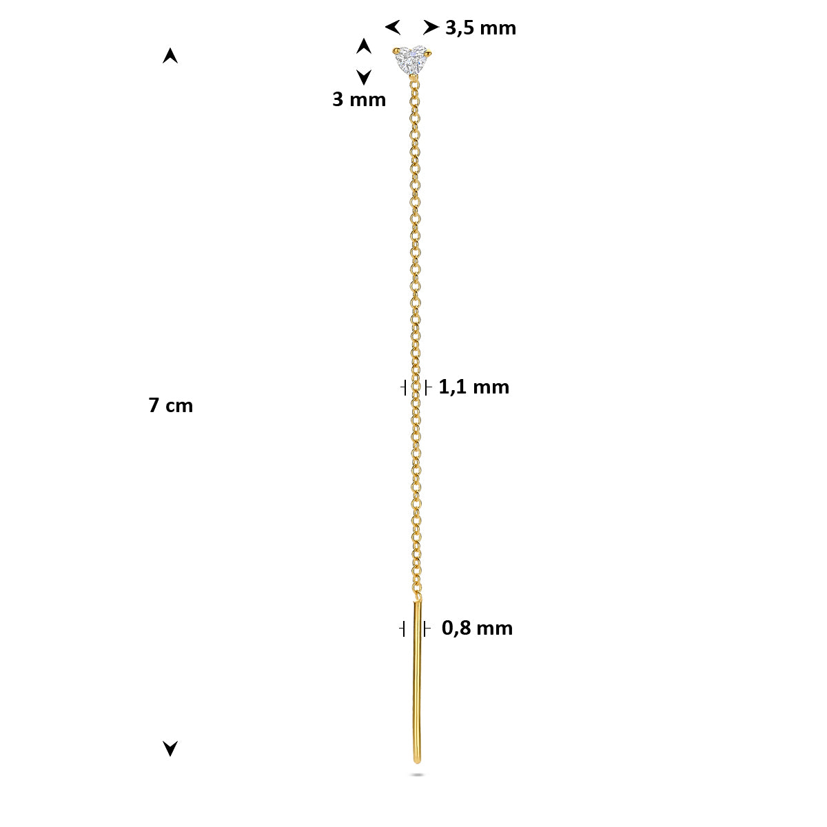 Afmetingen van de gouden doortrekoorbel met hartvormige diamant van 14 karaat: 70 mm lang en 1,1 mm breed, 0,15 ct.