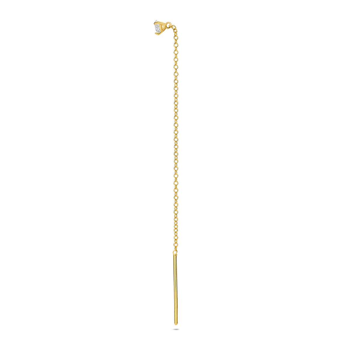Voor- en zijaanzicht van de gouden doortrekoorbel met hartvormige diamant van 14 karaat.