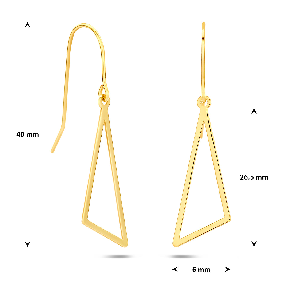 Afmetingen van de gouden driehoek oorhangers van 14 karaat: 26,5 mm hoog en 6 mm breed.