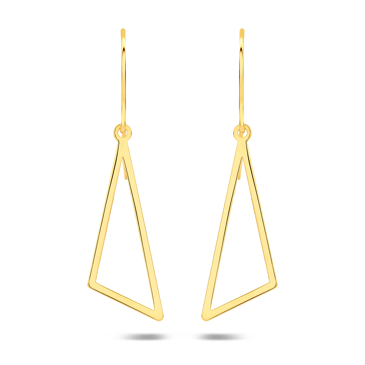 Voor- en zijaanzicht van de gouden driehoek oorhangers van 14 karaat.