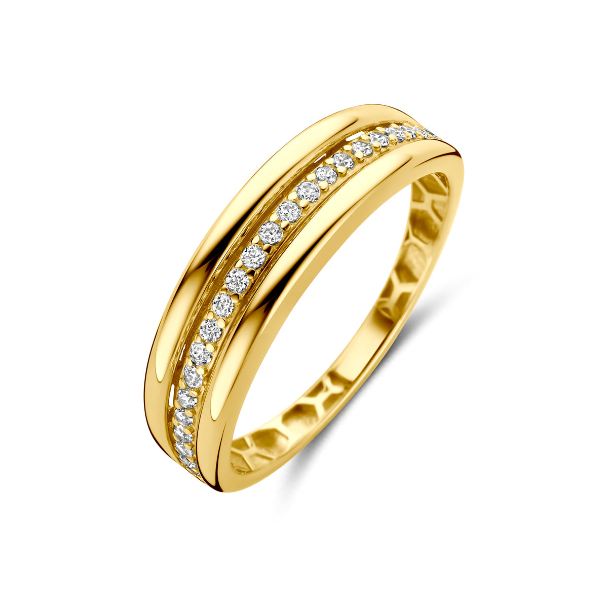 Schuin bovenaanzicht van de gouden ring met zirkonia van 14 karaat.