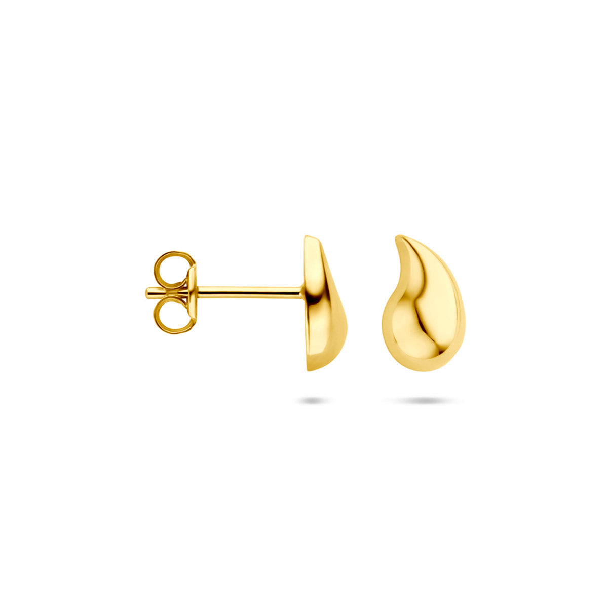Voor- en zijaanzicht van de gouden druppel oorknopjes van 14 karaat.