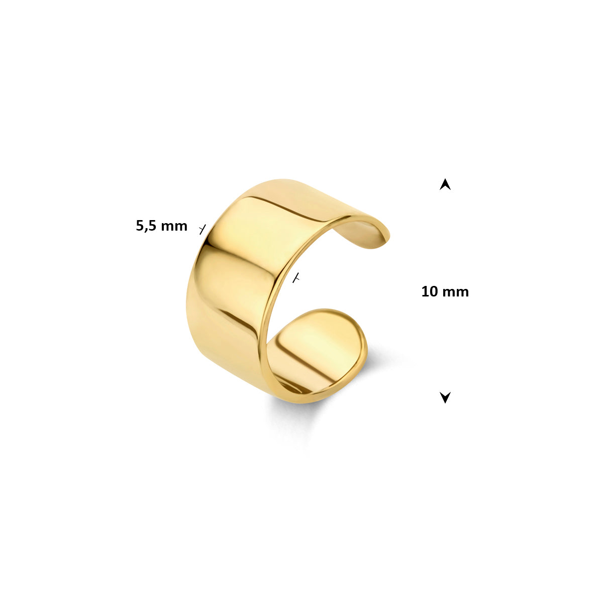 Afmetingen van de gouden ear cuff van 14 karaat: 10 mm doorsnee en 5,5 mm breed.
