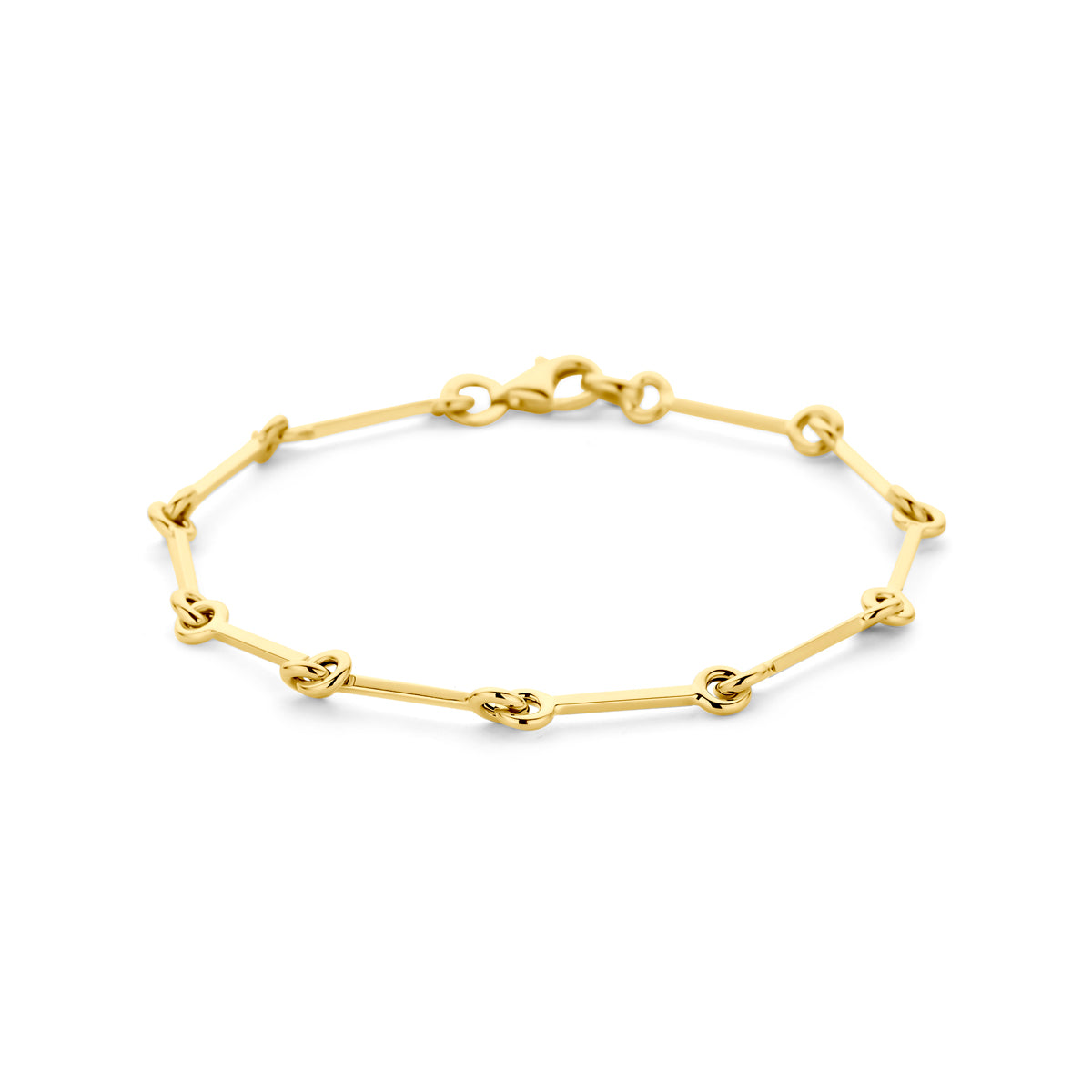 Vooraanzicht van de gouden fantasie armband van 14 karaat.
