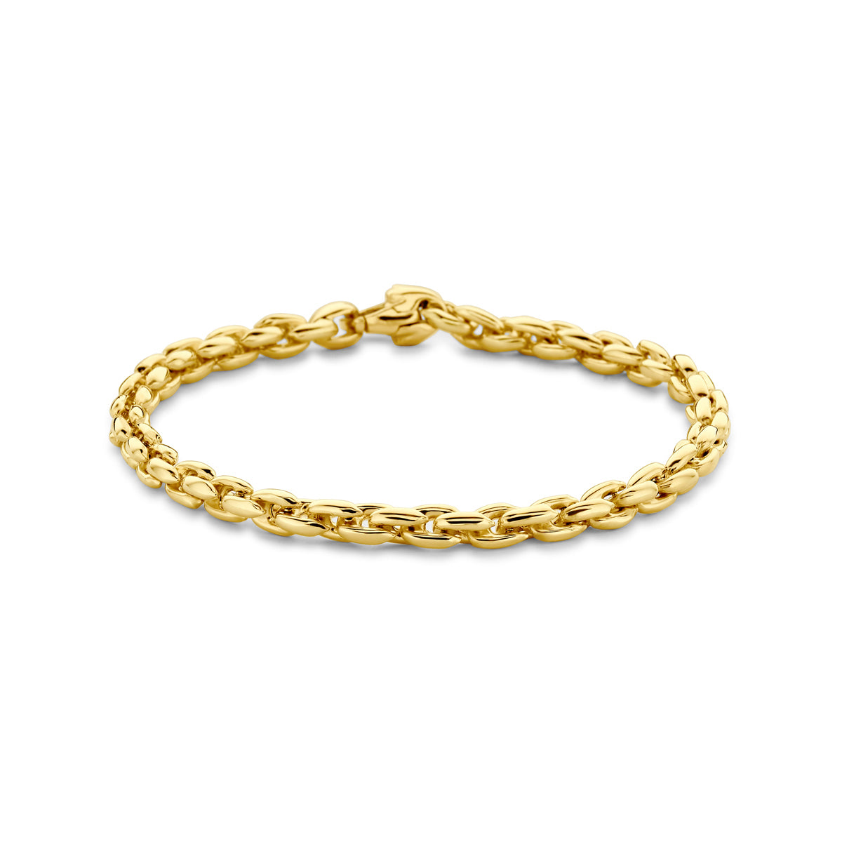 Vooraanzicht van de gouden schakelarmband van 14 karaat.