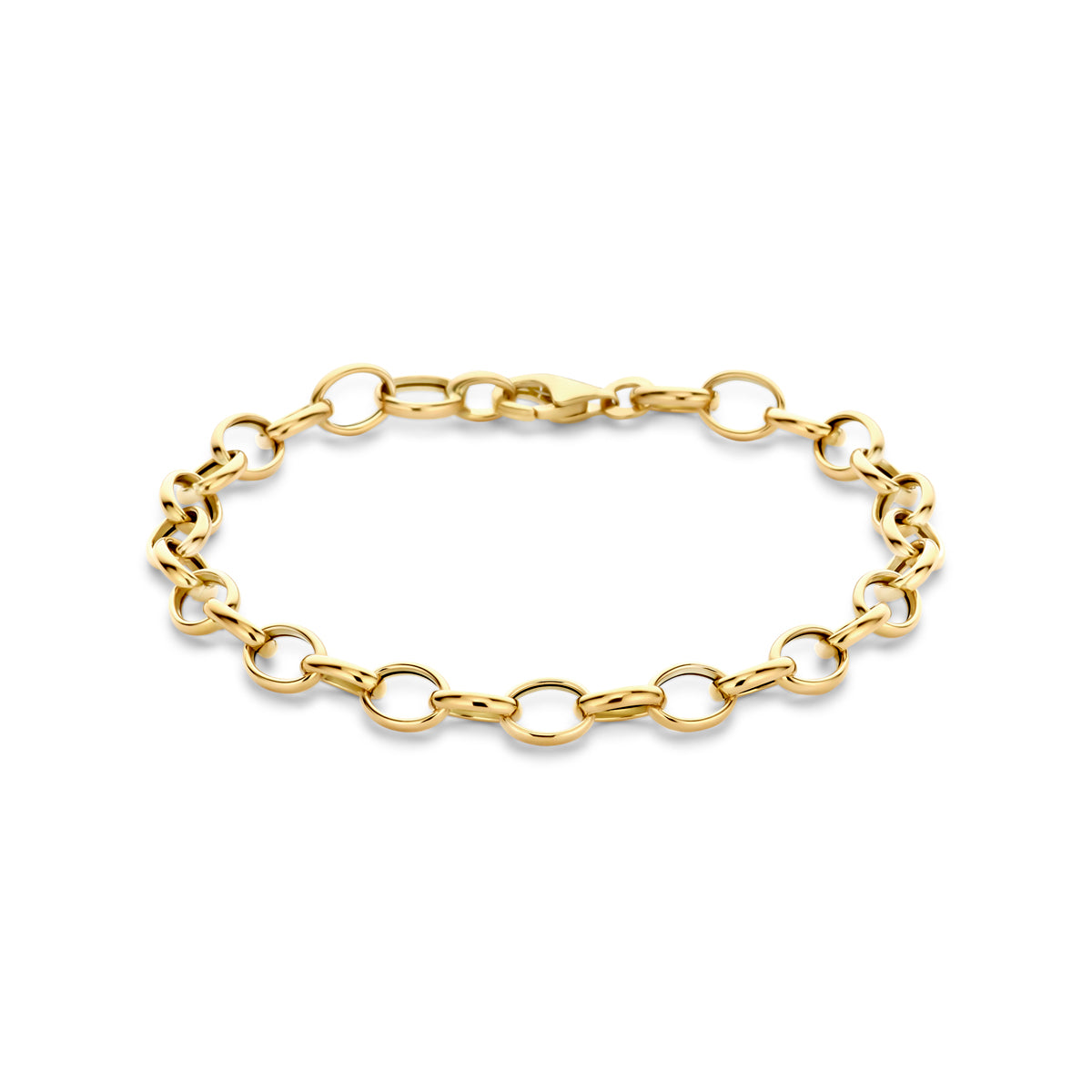 Vooraanzicht van de gouden schakelarmband van 14 karaat.