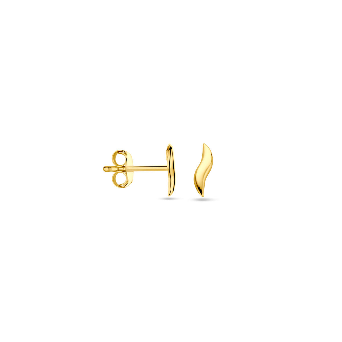 Voor- en zijaanzicht van de gouden gebogen oorknopjes van 14 karaat.