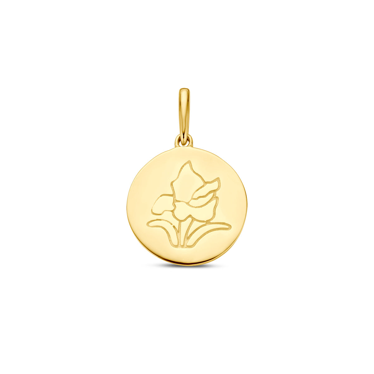 Vooraanzicht van de gouden geboortebloem hanger augustus van 14 karaat.