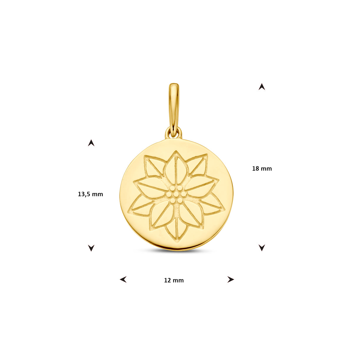 Afmetingen van de gouden geboortebloem hanger december van 14 karaat: 18 mm hoog inclusief oog, 13,5 mm zonder oog en 12 mm doorsnee.