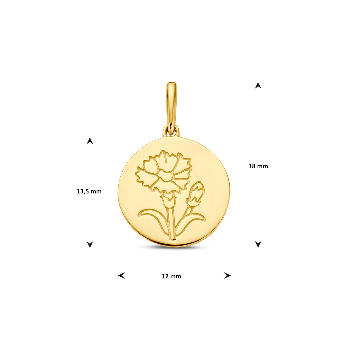 Afmetingen van de gouden geboortebloem hanger januari van 14 karaat: 18 mm hoog inclusief oog, 13,5 mm zonder oog en 12 mm doorsnee.