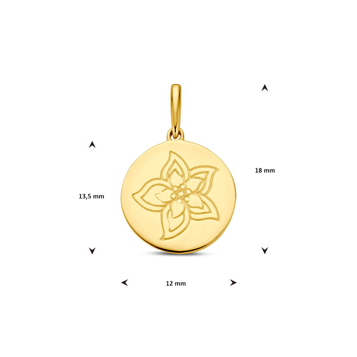 Afmetingen van de gouden geboortebloem hanger juli van 14 karaat: 18 mm hoog inclusief oog, 13,5 mm zonder oog en 12 mm doorsnee.