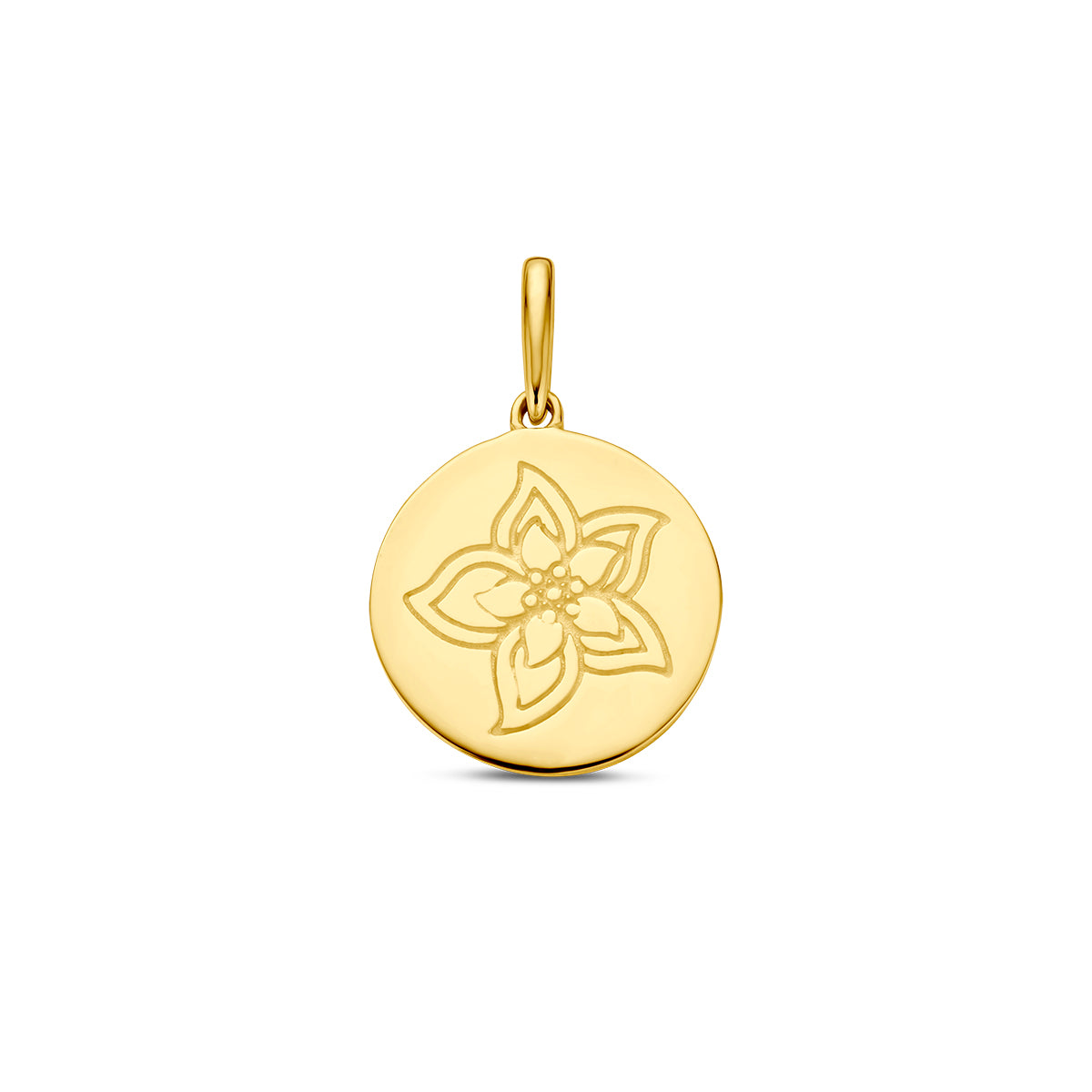 Vooraanzicht van de gouden geboortebloem hanger juli van 14 karaat.