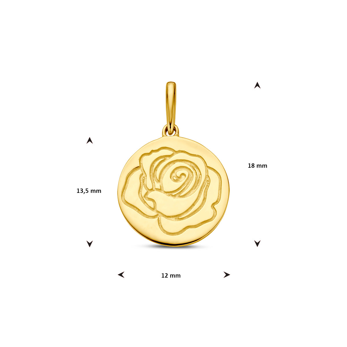 Afmetingen van de gouden geboortebloem hanger juni van 14 karaat: 18 mm hoog inclusief oog, 13,5 mm zonder oog en 12 mm doorsnee.
