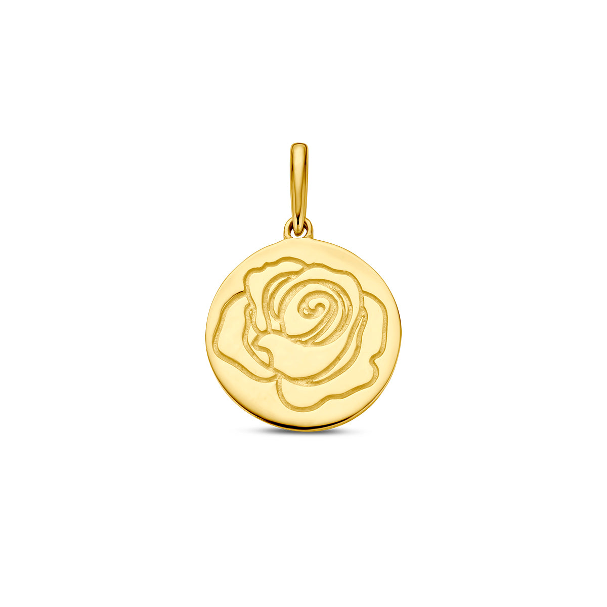 Vooraanzicht van de gouden geboortebloem hanger juni van 14 karaat.