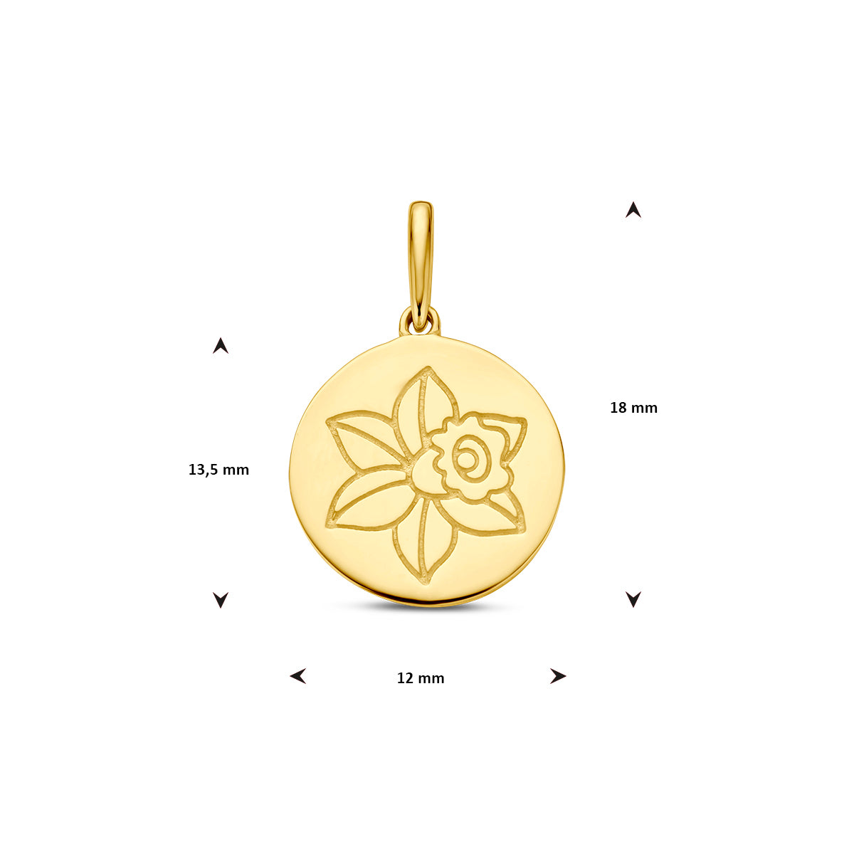 Afmetingen van de gouden geboortebloem hanger maart van 14 karaat: 18 mm hoog inclusief oog, 13,5 mm zonder oog en 12 mm doorsnee.