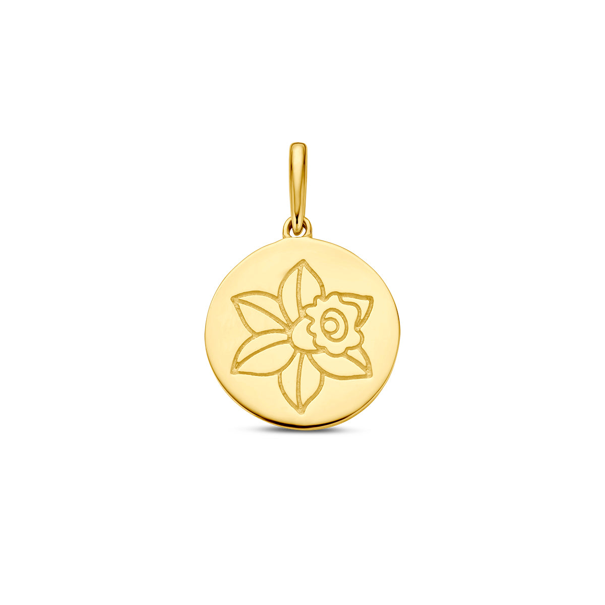 Vooraanzicht van de gouden geboortebloem hanger maart van 14 karaat.