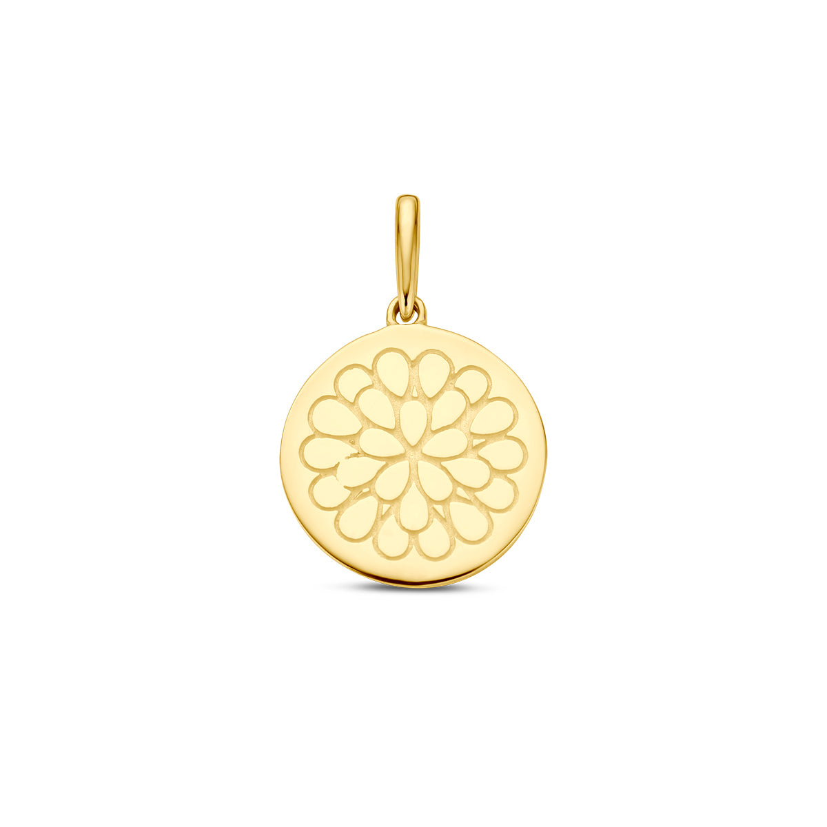 Vooraanzicht van de gouden geboortebloem hanger oktober van 14 karaat.