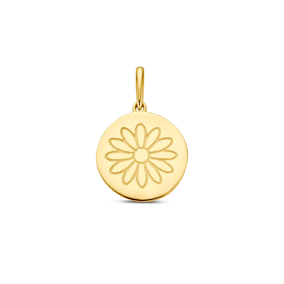 Vooraanzicht van de gouden geboortebloem hanger september van 14 karaat.