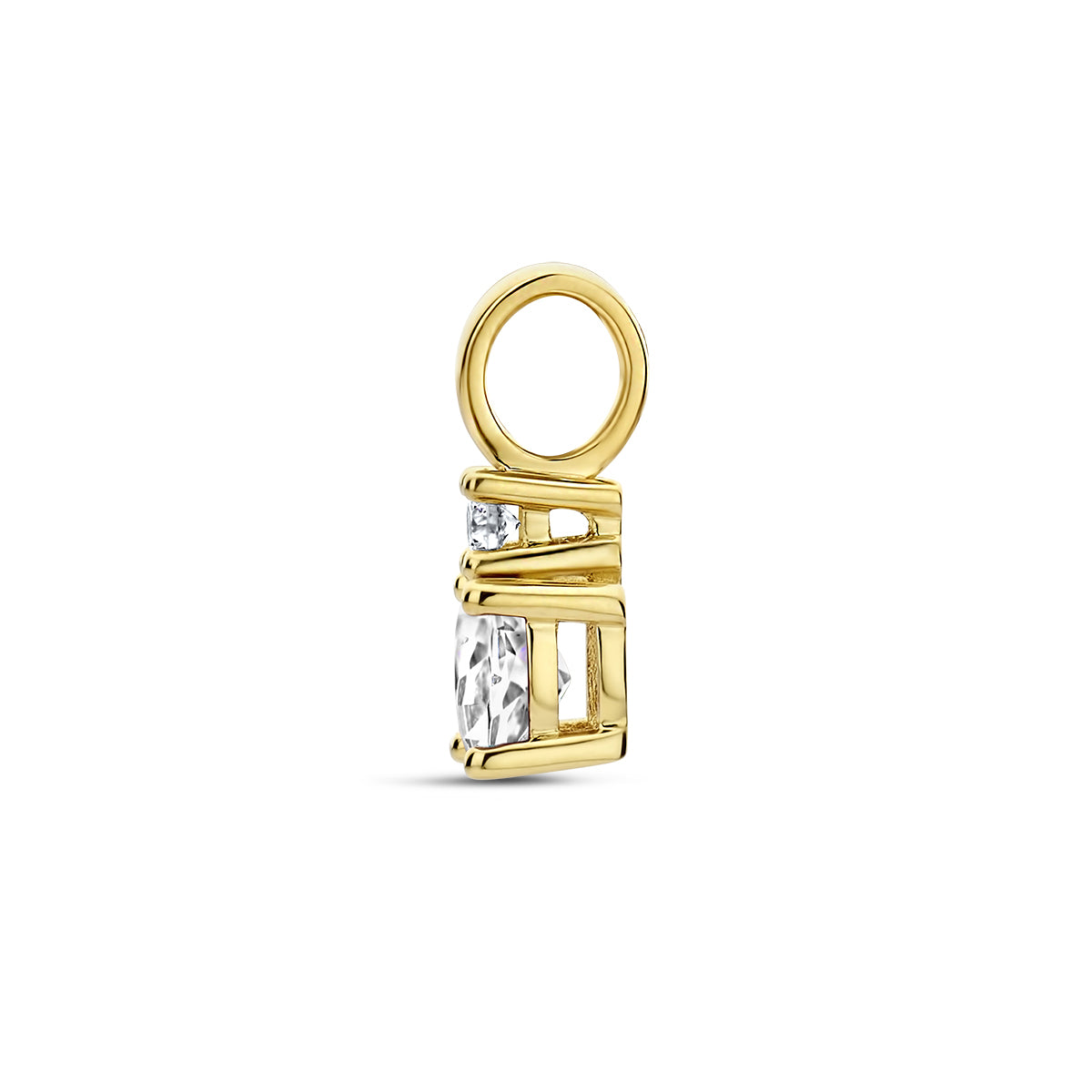 Zijaanzicht van de gouden geboortesteen hanger met bergkristal en diamant van 14 karaat.