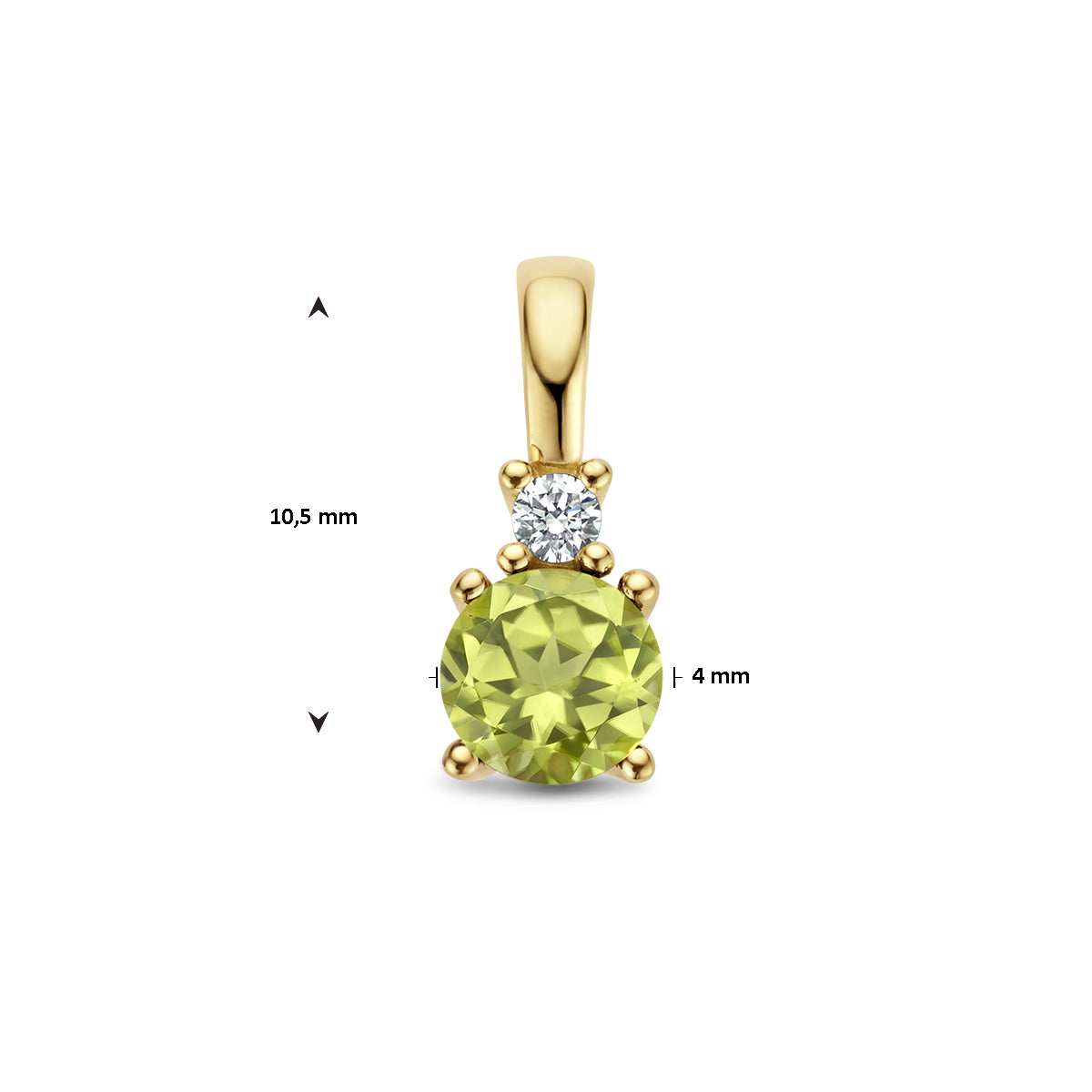 Afmetingen van de gouden geboortesteen hanger met peridoot en diamant van 14 karaat: 10,5 mm hoog en 4 mm breed.