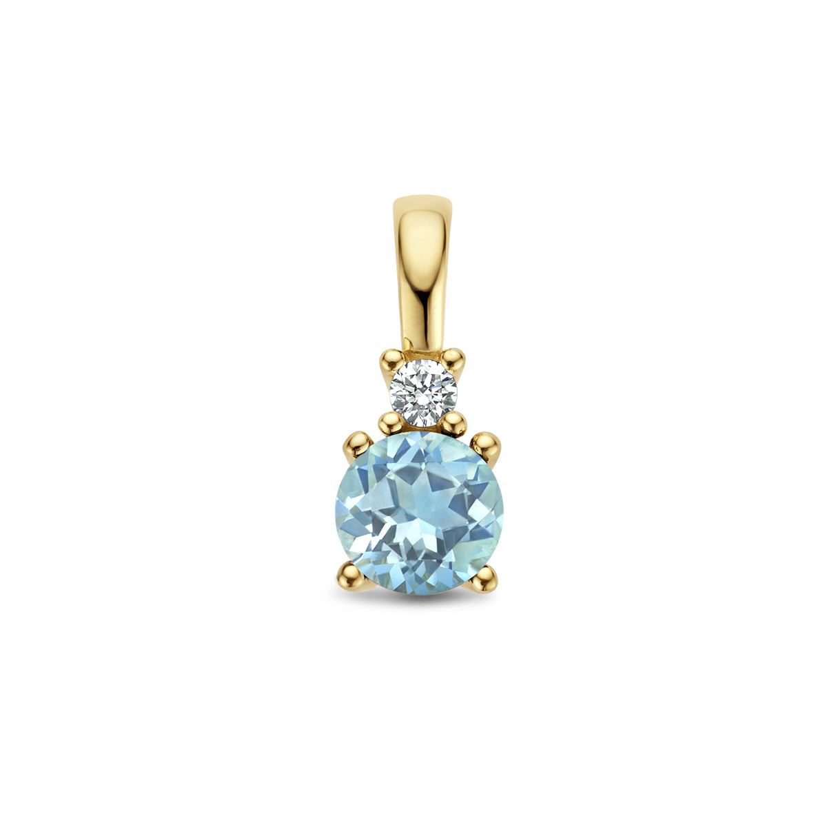 Vooraanzicht van de gouden geboortesteen hanger met blauwe topaas en diamant van 14 karaat.