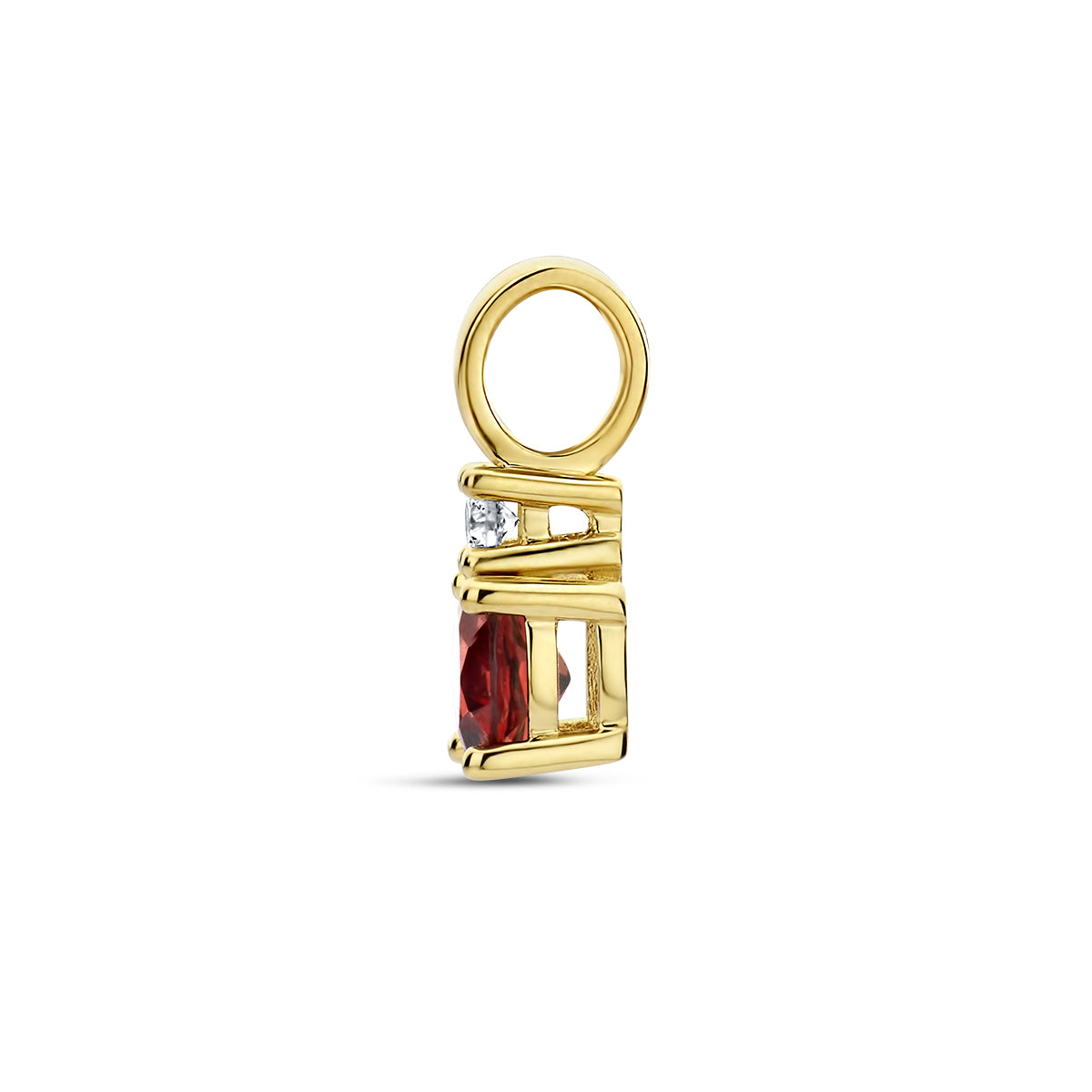 Zijaanzicht van de gouden geboortesteen hanger met granaat en diamant van 14 karaat.