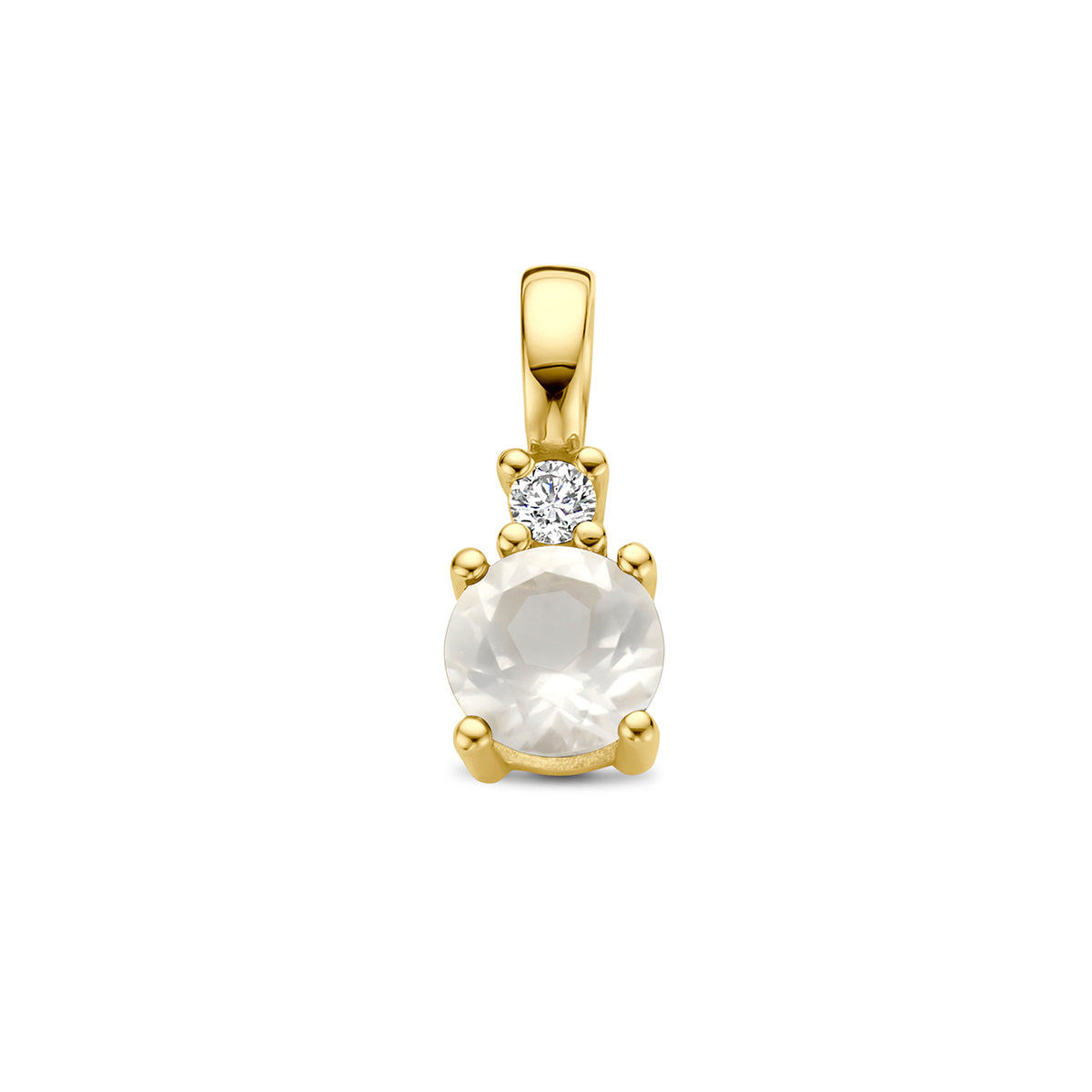 Vooraanzicht van de gouden geboortesteen hanger met maansteen en diamant van 14 karaat.