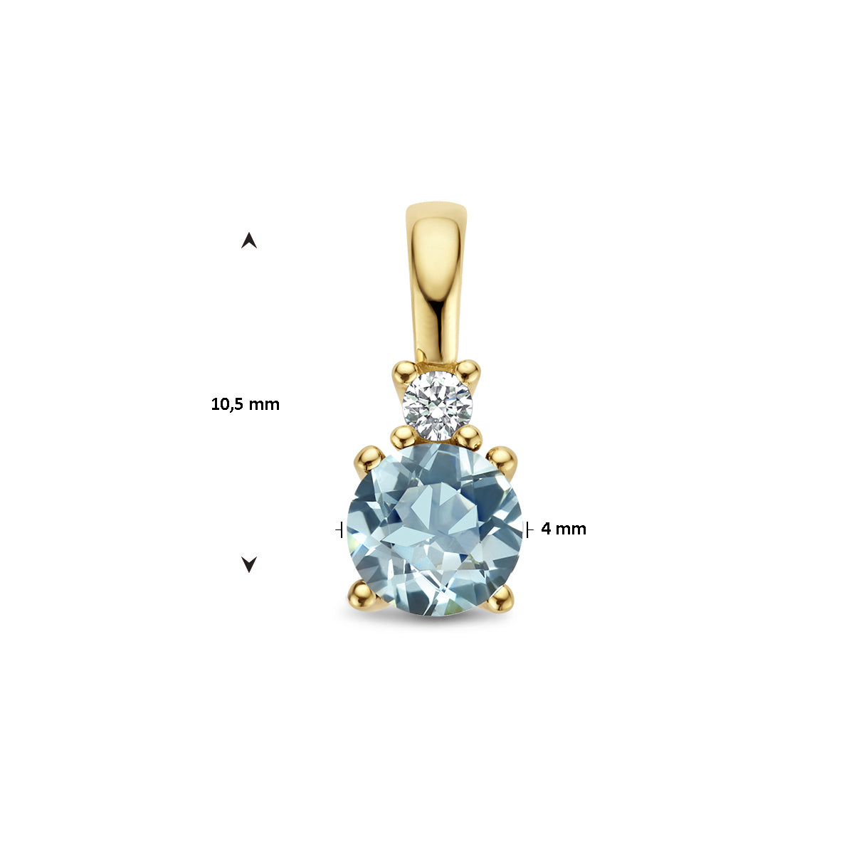 Afmetingen van de gouden geboortesteen hanger met aquamarijn en diamant van 14 karaat: 10,5 mm hoog en 4 mm breed.