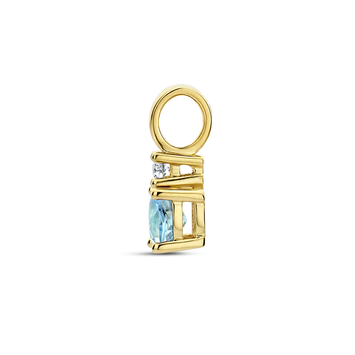 Zijaanzicht van de gouden geboortesteen hanger met aquamarijn en diamant van 14 karaat.